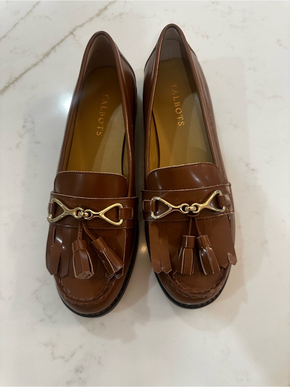 Talbots Brown Leather Tassel Loafers with Gold Bit